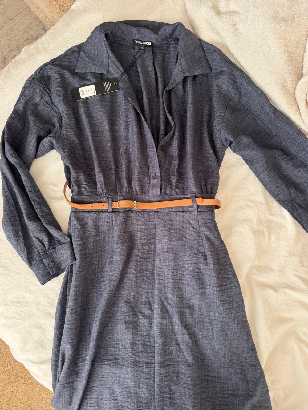 Fashion Nova Navy Long Sleeve Shirt Dress with Tan Belt